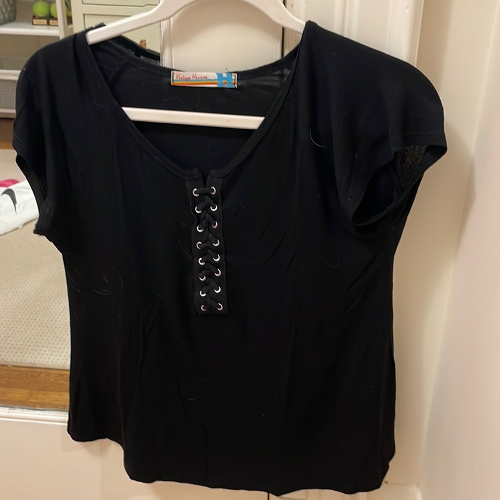 vintage havana girls size xl black t shirt with lace design - good condition